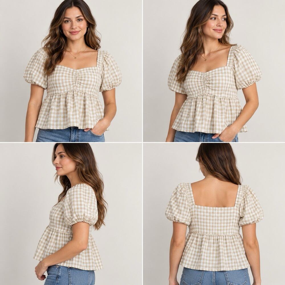Old Navy Gingham Peplum Top Women’s L Beige White Puff Sleeve NWT